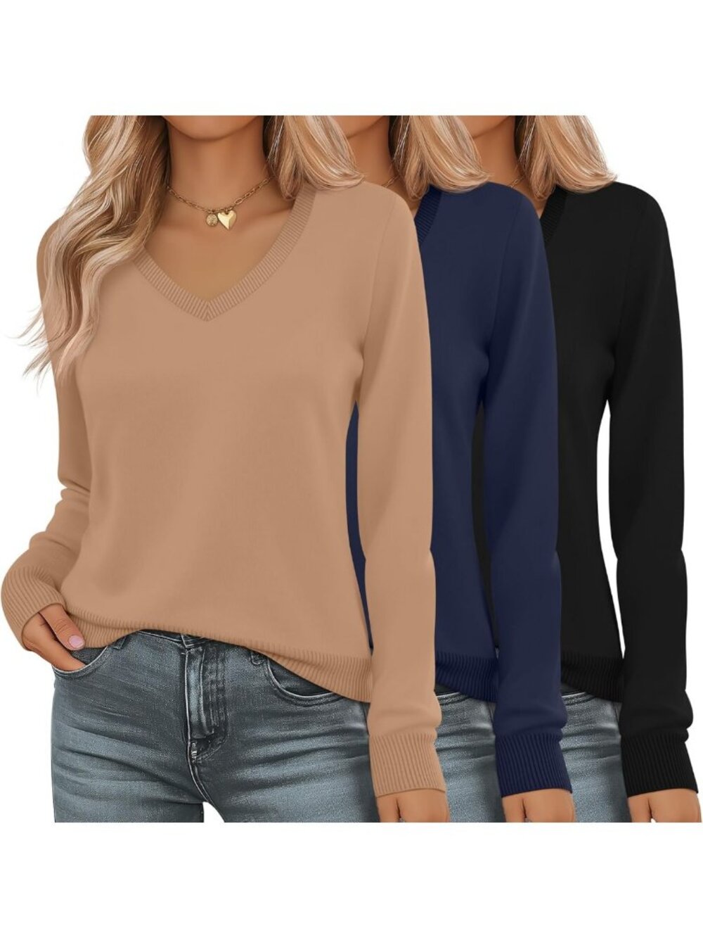 Cozy Women's V Neck Sweater 3 Pack - Long Sleeve Knit Pullovers for Fall Fashion